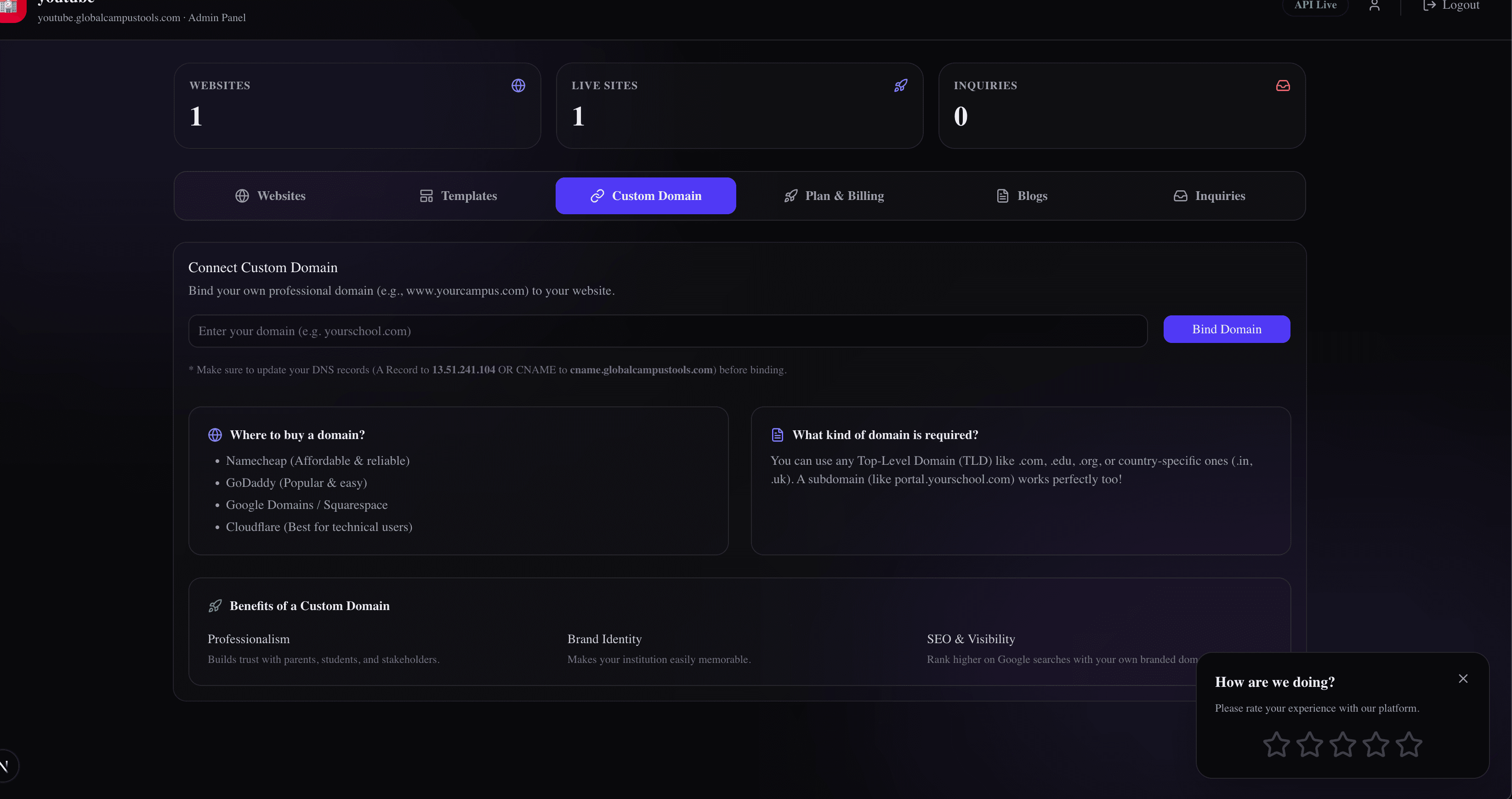 Custom Domain Dashboard